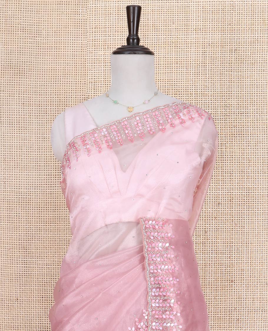 Pink Designer Saree, Subtly Sparkled with Stone Work on Its Body, Highlighted by a Scallop Floral-Themed Stone-Thread Embroidered Border, Self-Pallu, and Paired with a Matching Blouse