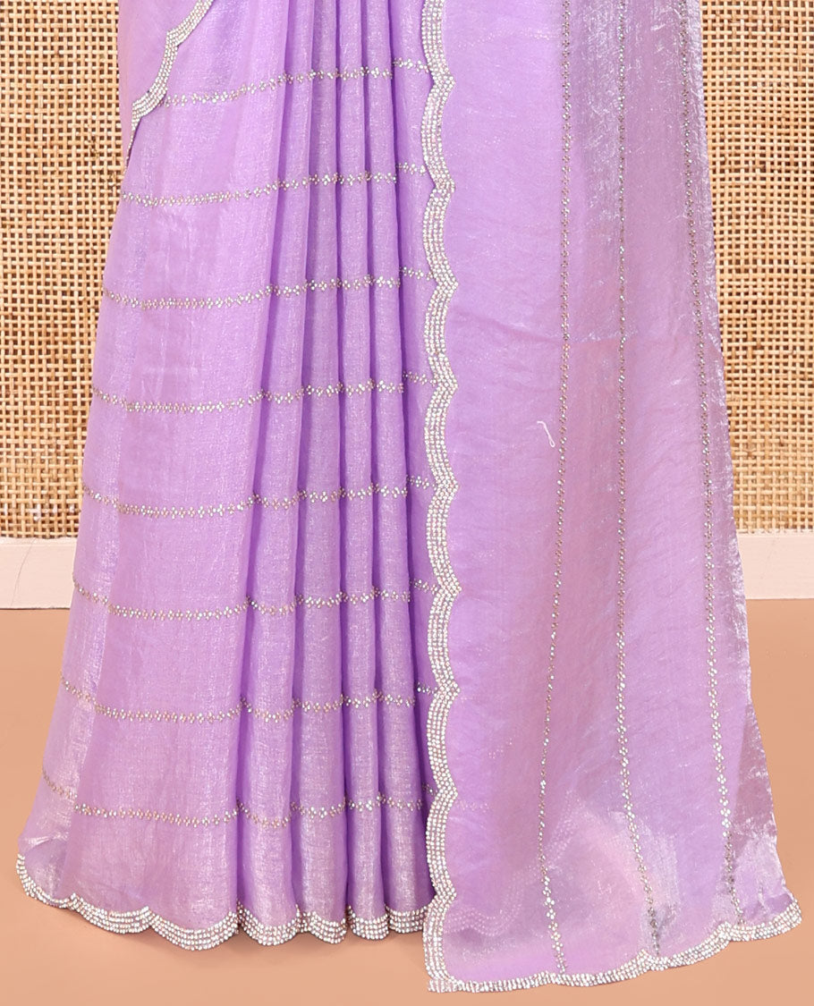 Lavender Designer Saree, Beautified with Stone Lines All Over Its Body, Highlighted by Scallop Stone Work Border, and Paired with a Matching Blouse