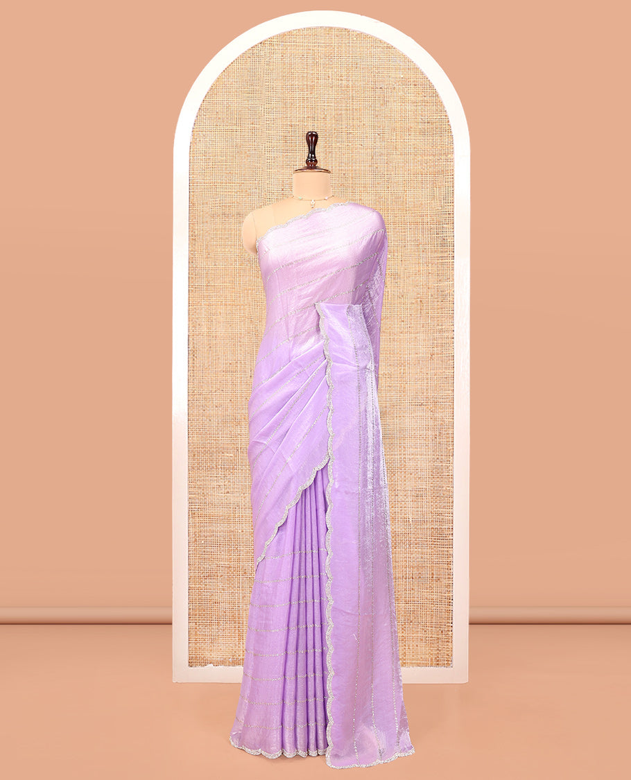 Lavender Designer Saree, Beautified with Stone Lines All Over Its Body, Highlighted by Scallop Stone Work Border, and Paired with a Matching Blouse
