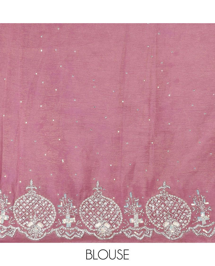 Pink stone work designer saree, intricately embroidered scallop border
