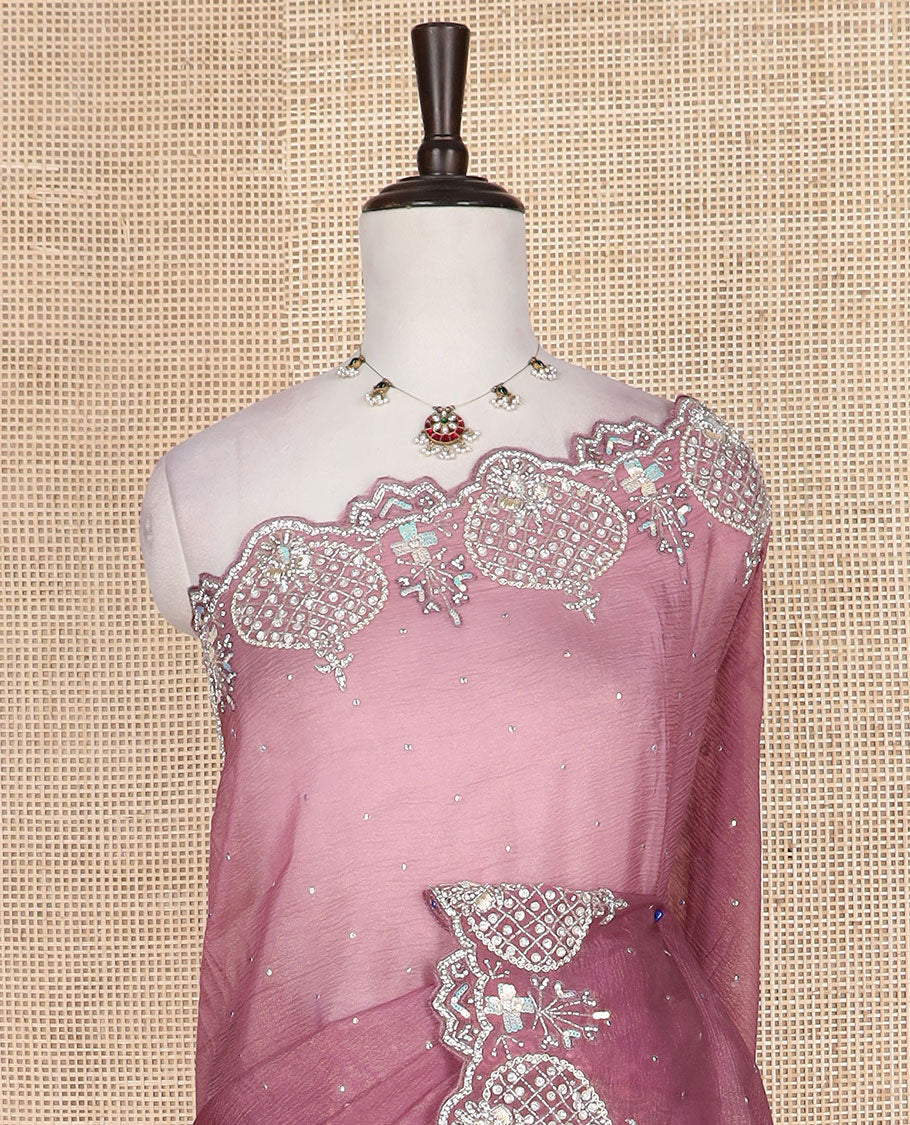 Pink stone work designer saree, intricately embroidered scallop border