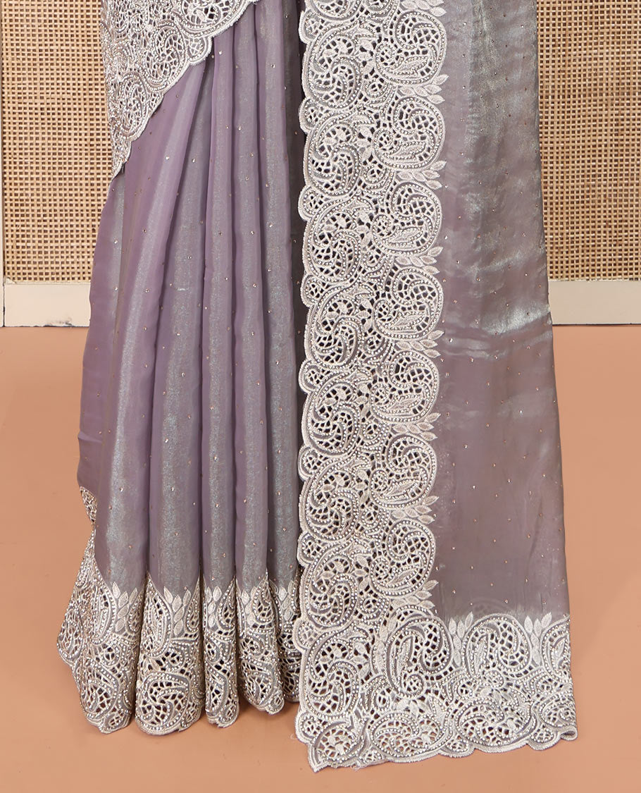 Grey Designer Saree, Crafted with Stone Work All Over Its Body, a Scallop Cut-Embroidered Border, and Matching Blouse
