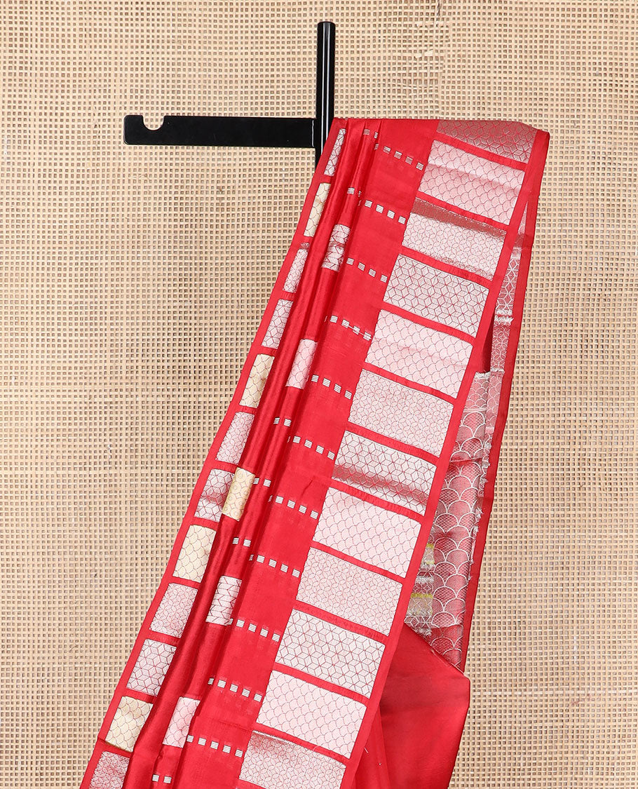 Red striped raw mango silk saree with self geometric design border & ogee design pallu