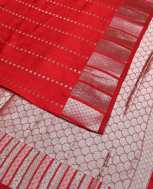 Red striped raw mango silk saree with self geometric design border & ogee design pallu