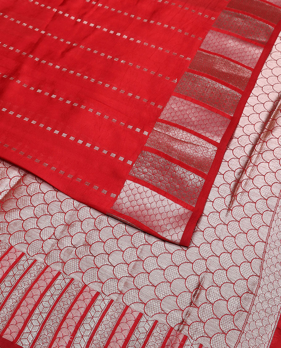 Red striped raw mango silk saree with self geometric design border & ogee design pallu