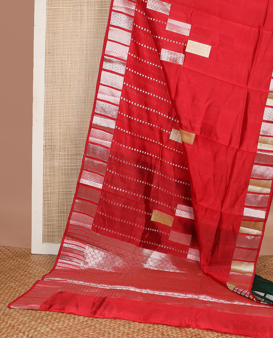 Red striped raw mango silk saree with self geometric design border & ogee design pallu