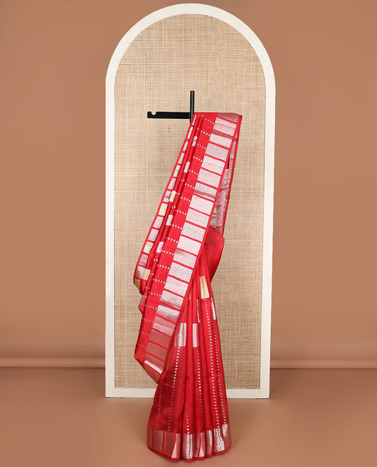 Red striped raw mango silk saree with self geometric design border & ogee design pallu