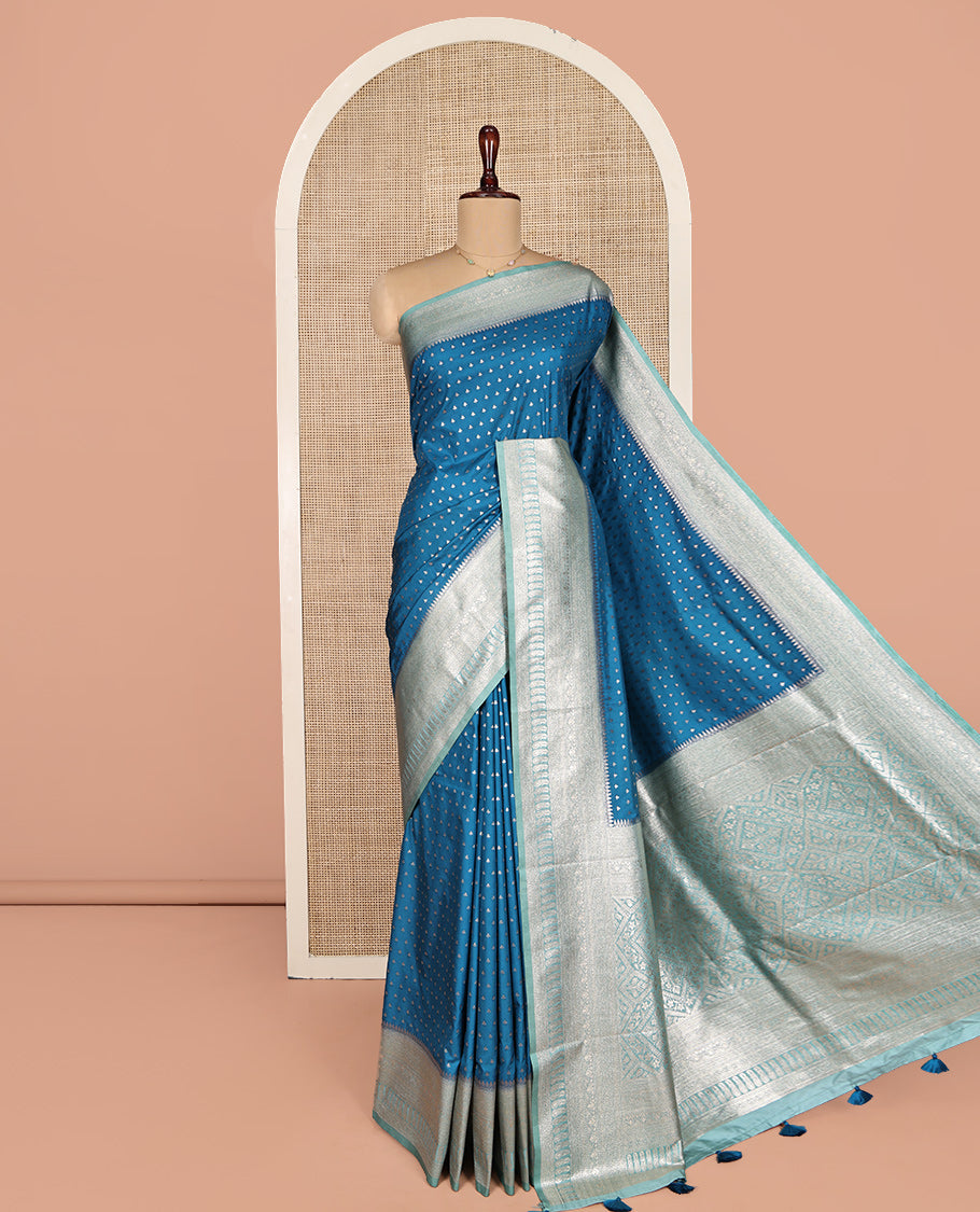 Blue Dupion Silk Saree, Embellished with Zari Buttas, Complemented by a Contrast Traditional Zari Design Border, Intricately Designed Pallu, and a Contrast Blouse