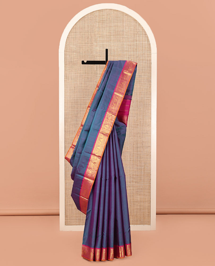 Blue Plain Kanchipuram Silk Saree, Complemented by a Contrast Border of Rekku, Muthu, Mayil Kann, Mayil, Thazampoo Rekku, and Zari Stripes, Pallu of Zari Designs, and Paired with a Contrast Blouse