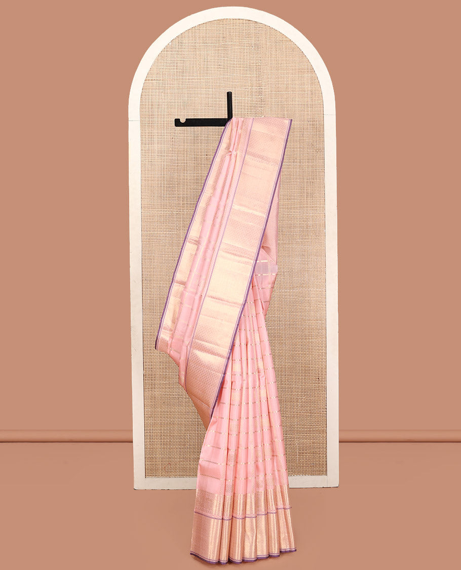 Pink Kanchipuram Silk Saree, Gracefully Embellished with Zari Butta Enclosed Checks, Traditional Zari Design Border, Grand Pallu, and Contrast Blouse