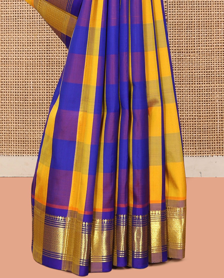 Multi-Color Checked Kanchipuram Silk Saree, a One-Sided Zari Border of Paneer Sombu, Banaras, Muthu, and Mayil Kann Designs, Zari Design Pallu, and No Blouse