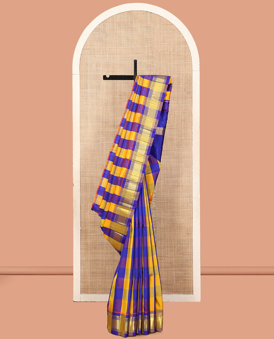 Multi-Color Checked Kanchipuram Silk Saree, a One-Sided Zari Border of Paneer Sombu, Banaras, Muthu, and Mayil Kann Designs, Zari Design Pallu, and No Blouse