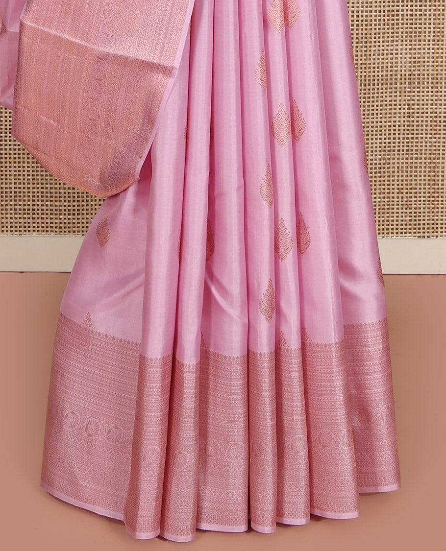 Pink Kanchipuram Silk Saree, Crafted with Zari Buttas All Over Its Body, Highlighted by a Zari Border of Traditional Designs, Intricately Designed Pallu, and Paired with a Matching Blouse