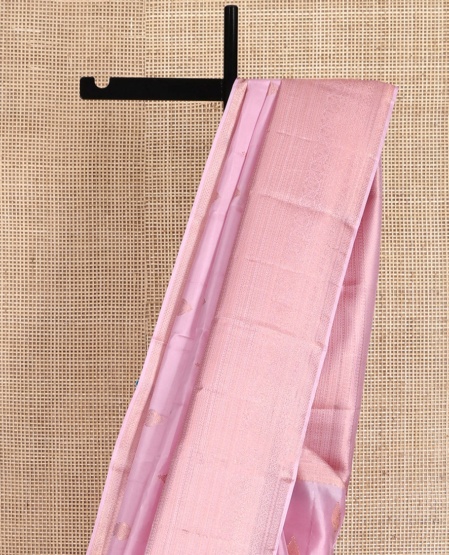 Pink Kanchipuram Silk Saree, Crafted with Zari Buttas All Over Its Body, Highlighted by a Zari Border of Traditional Designs, Intricately Designed Pallu, and Paired with a Matching Blouse