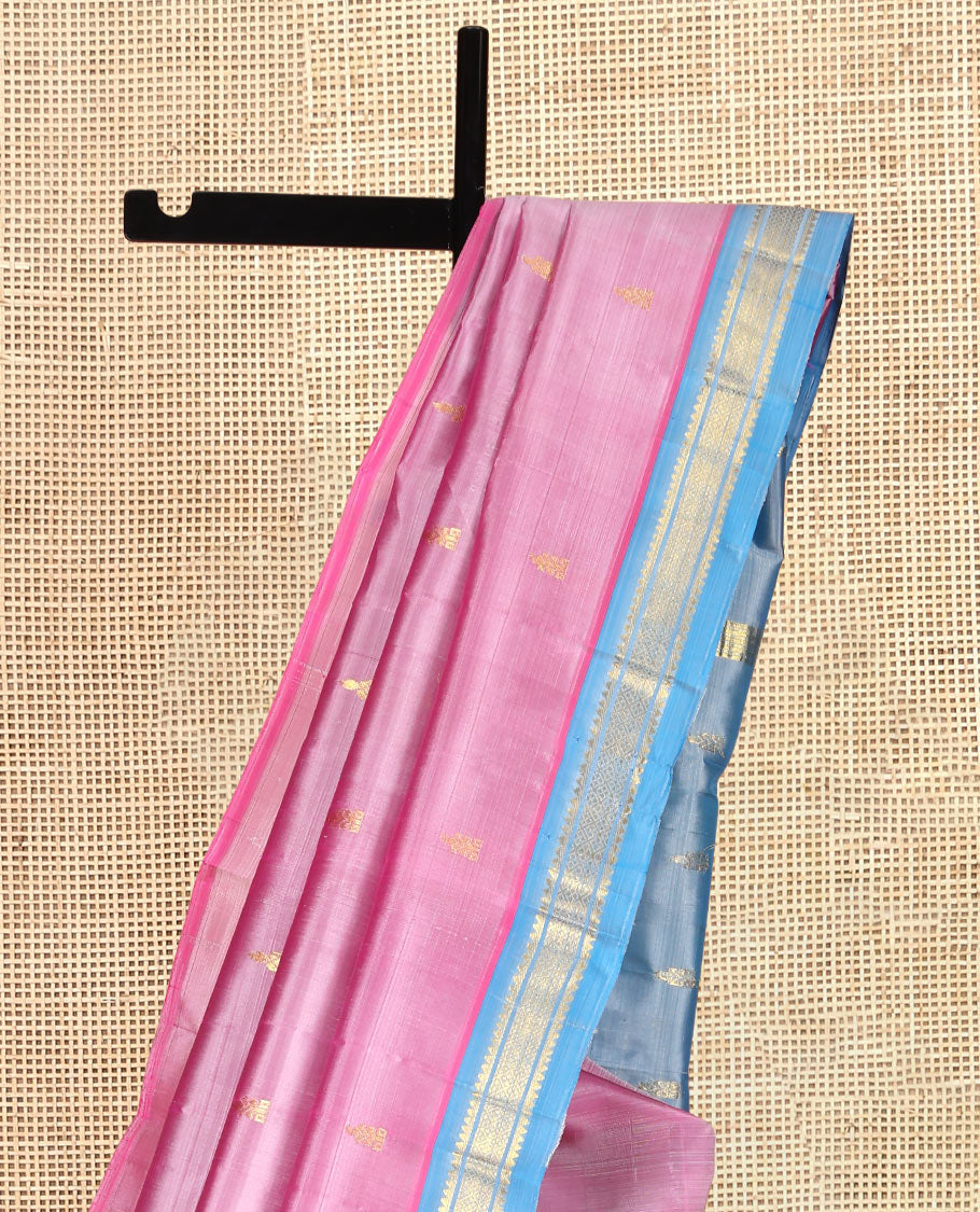 Pink Kanchipuram Silk Saree, Sparsely Woven with Zari Buttas, a Contrast One-Sided Border of Rekku and Jaal Designs, Zari Design Pallu, and a No Blouse