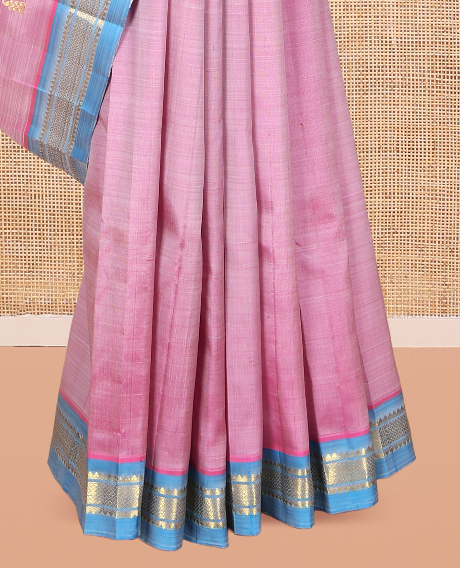 Pink Kanchipuram Silk Saree, Sparsely Woven with Zari Buttas, a Contrast One-Sided Border of Rekku and Jaal Designs, Zari Design Pallu, and a No Blouse