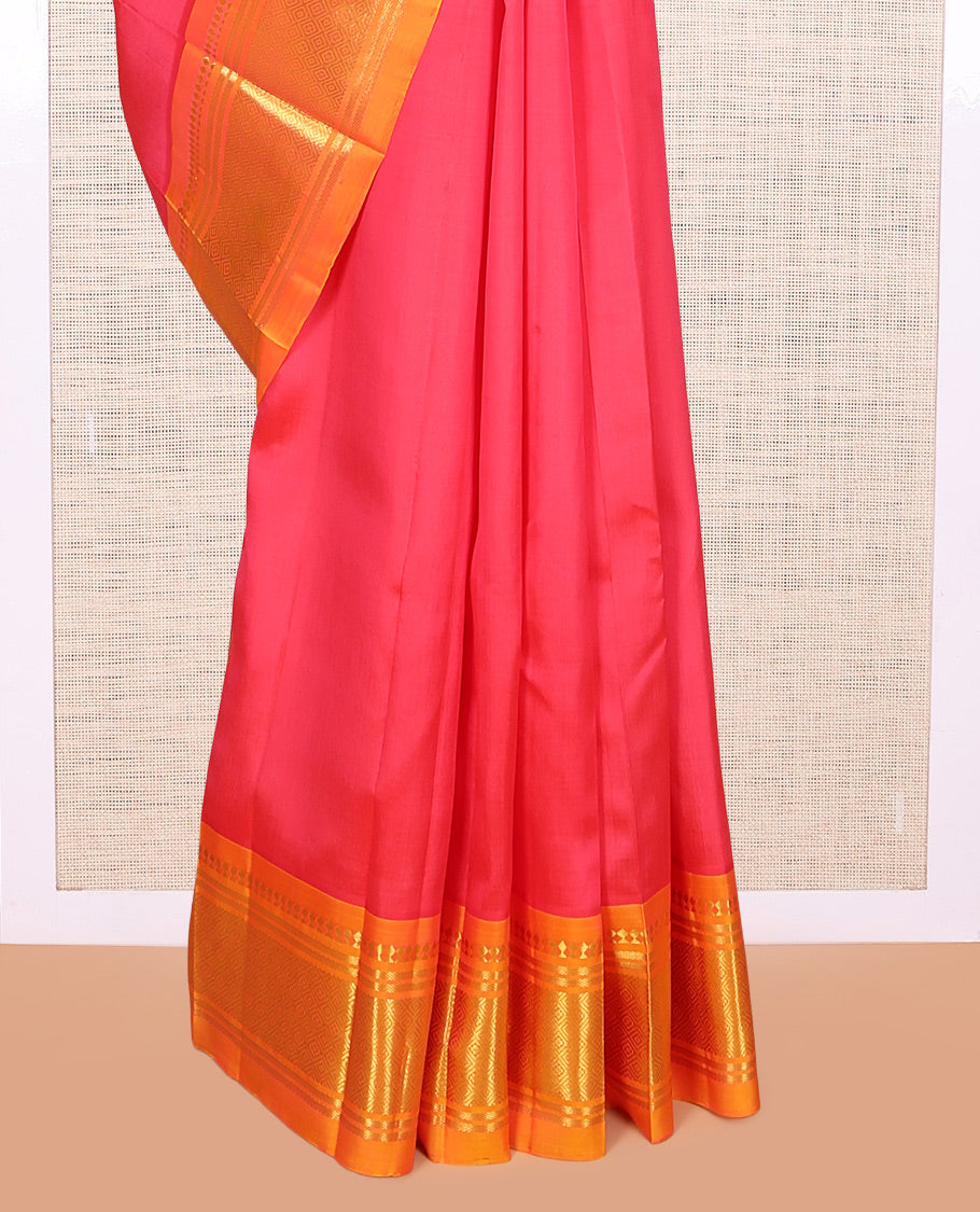 Red Kanchipuram Silk Saree, Detailed with Zari Buttas, a Contrast One-sided Border of Panner Sombu, Banaras, and Jaal Designs, Pallu of Floral Designs, and No Blouse