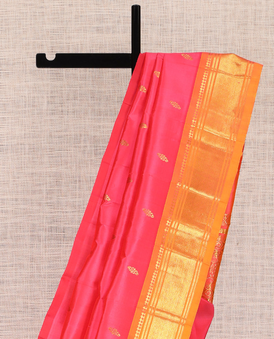 Red Kanchipuram Silk Saree, Detailed with Zari Buttas, a Contrast One-sided Border of Panner Sombu, Banaras, and Jaal Designs, Pallu of Floral Designs, and No Blouse