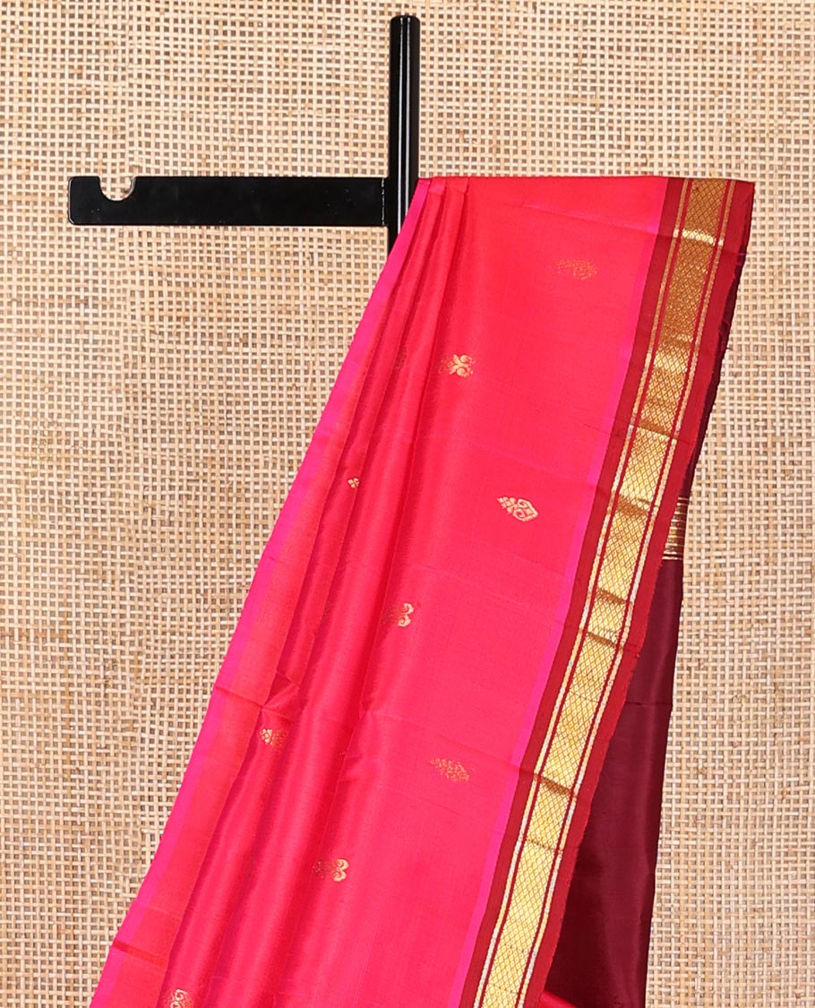 Pink buttas kancheepuram silk saree with contrast border of banaras, kuyil kann design & zari design pallu
