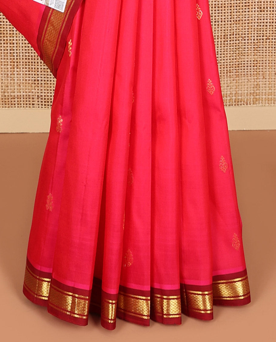 Pink buttas kancheepuram silk saree with contrast border of banaras, kuyil kann design & zari design pallu