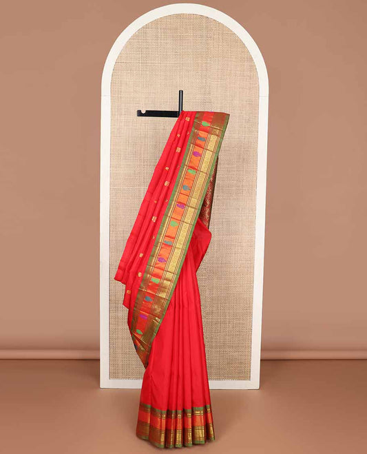 Red floral buttas kancheepuram silk saree with contrast zari design border & floral design pallu