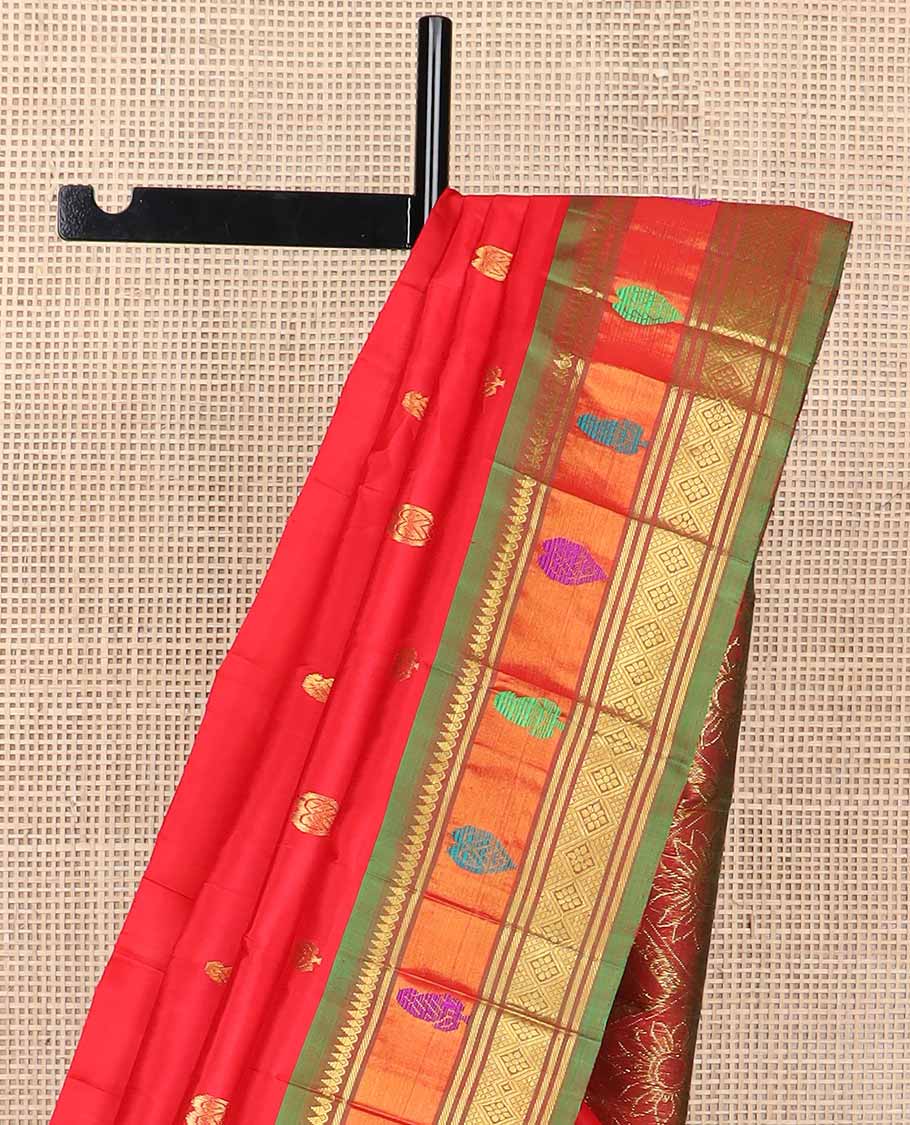 Red floral buttas kancheepuram silk saree with contrast zari design border & floral design pallu