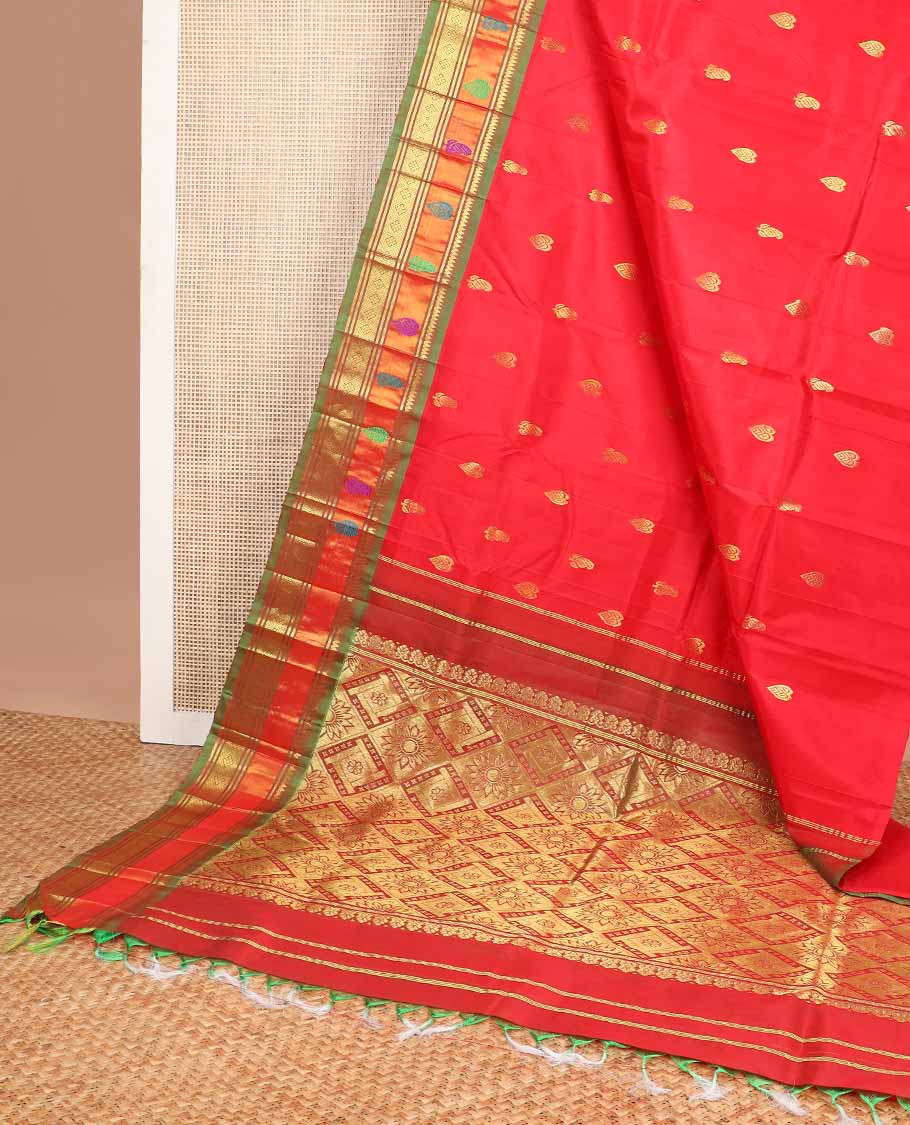 Red floral buttas kancheepuram silk saree with contrast zari design border & floral design pallu