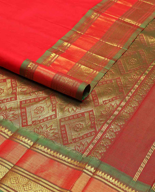 Red floral buttas kancheepuram silk saree with contrast zari design border & floral design pallu