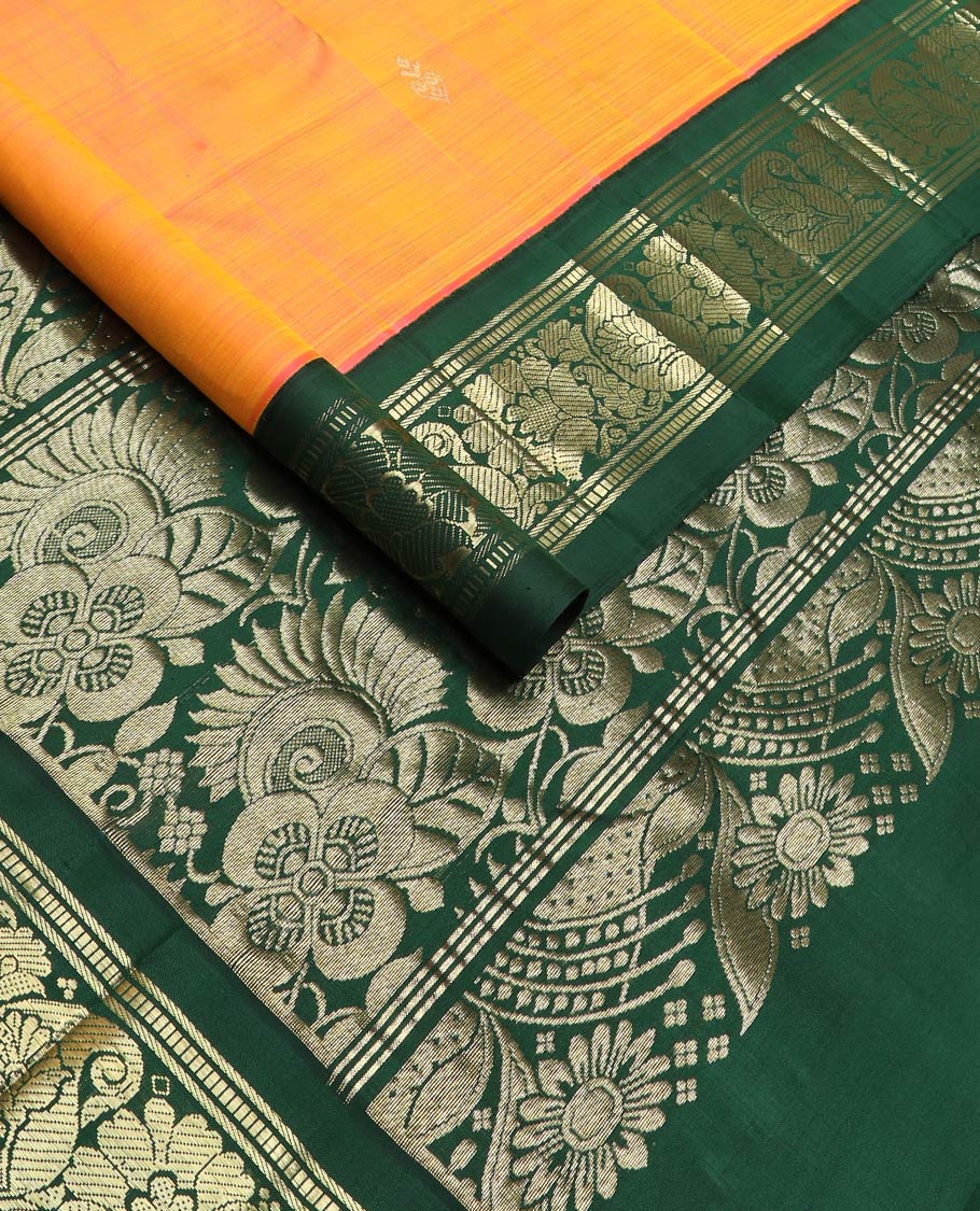 Yellow zari buttas kanchipuram silk saree, contrast korvai one-sided zari border of banaras,muthu,floral & manga & floral design pallu