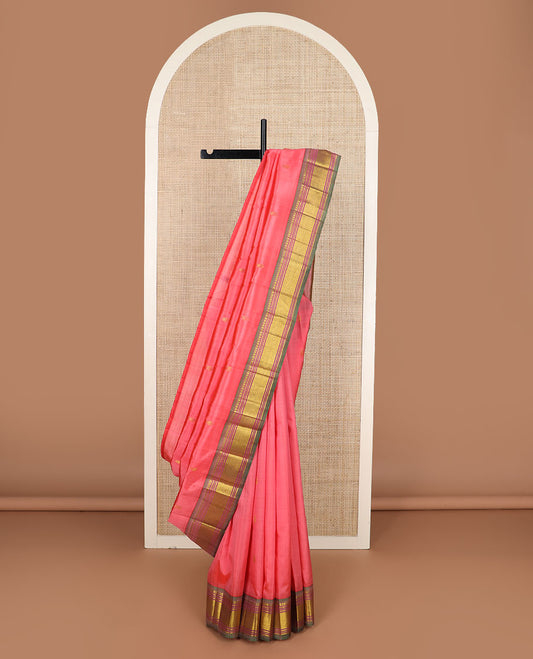 Pink zari buttas Kanchipuram silk saree, contrast border of panner sombu, banaras, muthu & jaal & zari design pallu