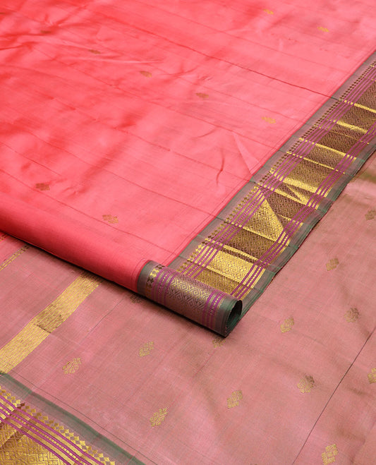 Pink zari buttas Kanchipuram silk saree, contrast border of panner sombu, banaras, muthu & jaal & zari design pallu