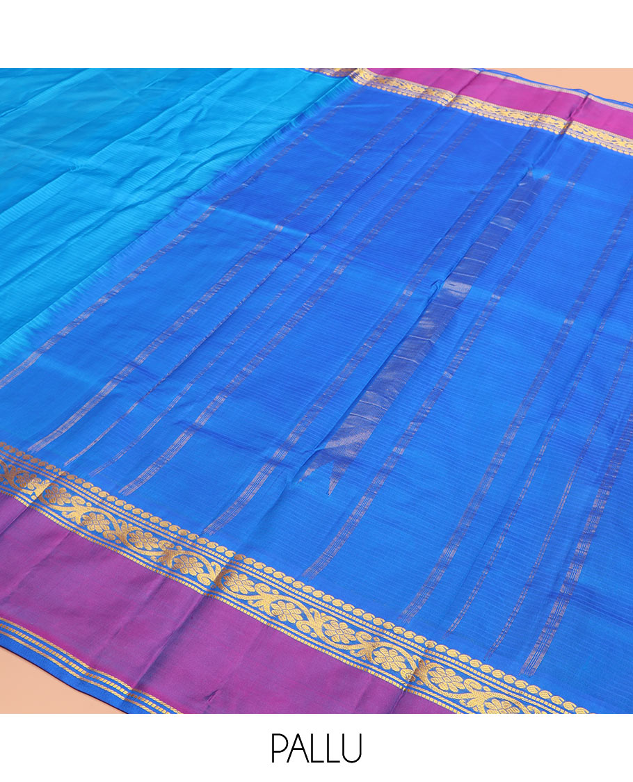 Blue Striped Kanchipuram Silk Saree Accentuated with Contrast Rettai Pettu Border Featuring Manga, Muthu, Banaras, and Kodi Visiry Designs, Subtly Woven Pallu with Stripes, and Paired with a Matching Blouse