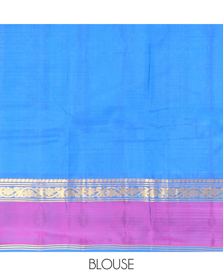Blue Striped Kanchipuram Silk Saree Accentuated with Contrast Rettai Pettu Border Featuring Manga, Muthu, Banaras, and Kodi Visiry Designs, Subtly Woven Pallu with Stripes, and Paired with a Matching Blouse