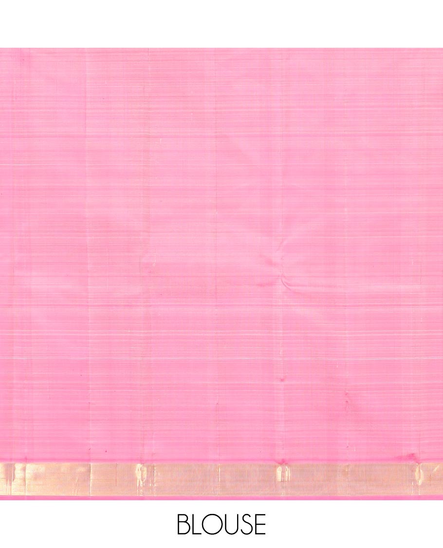 Light Sandal Plain Kanchipuram Silk Saree Subtly Sparkled with Contrast Zari Border, Pallu Features Zari Designs, and Paired with a Contrast Blouse