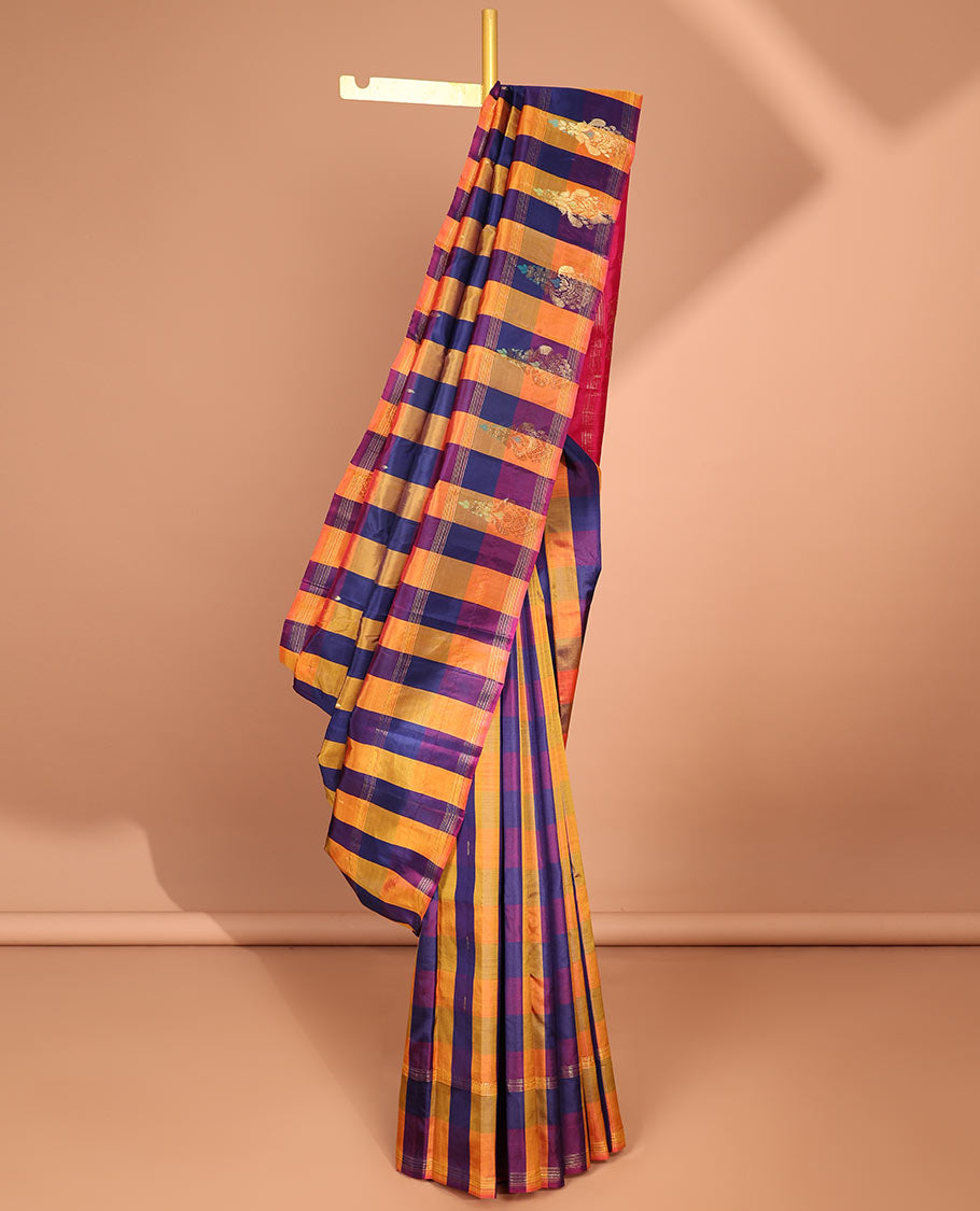 Multi-color checked kancheepuram silk saree with self floral zari design & intricate zari design pallu