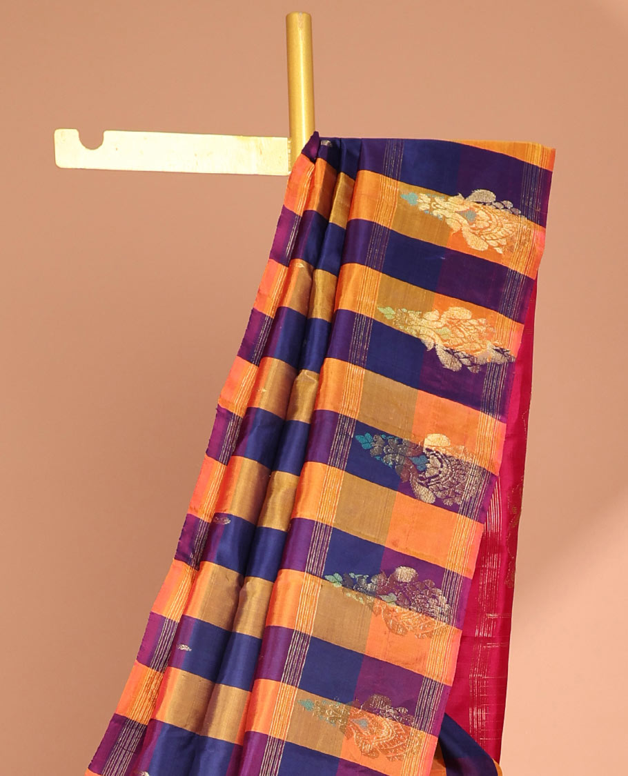Multi-color checked kancheepuram silk saree with self floral zari design & intricate zari design pallu