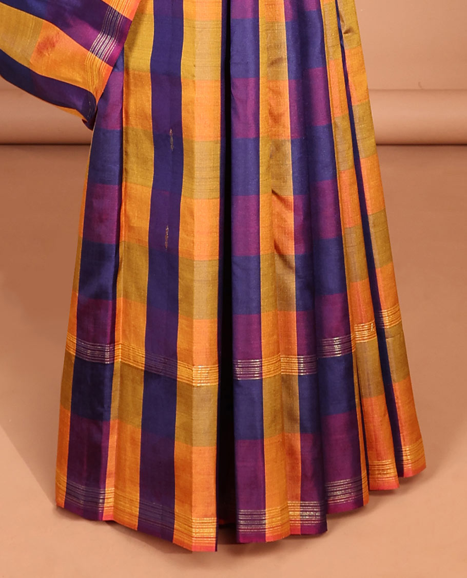 Multi-color checked kancheepuram silk saree with self floral zari design & intricate zari design pallu