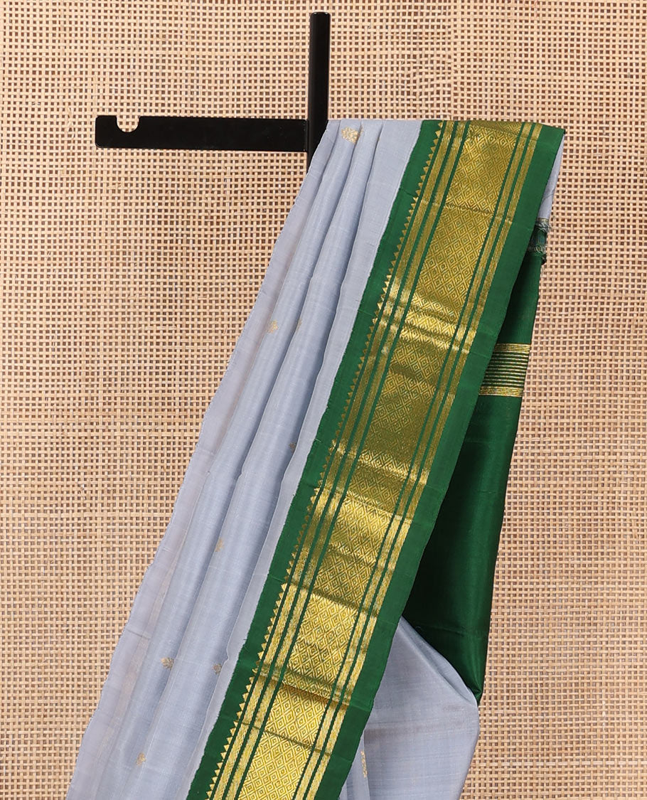 Grey zari buttas Kanchipuram silk saree, contrast one-sided border of rekku, banaras, and jaal, and zari design pallu