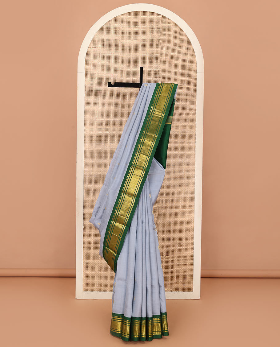 Grey zari buttas Kanchipuram silk saree, contrast one-sided border of rekku, banaras, and jaal, and zari design pallu