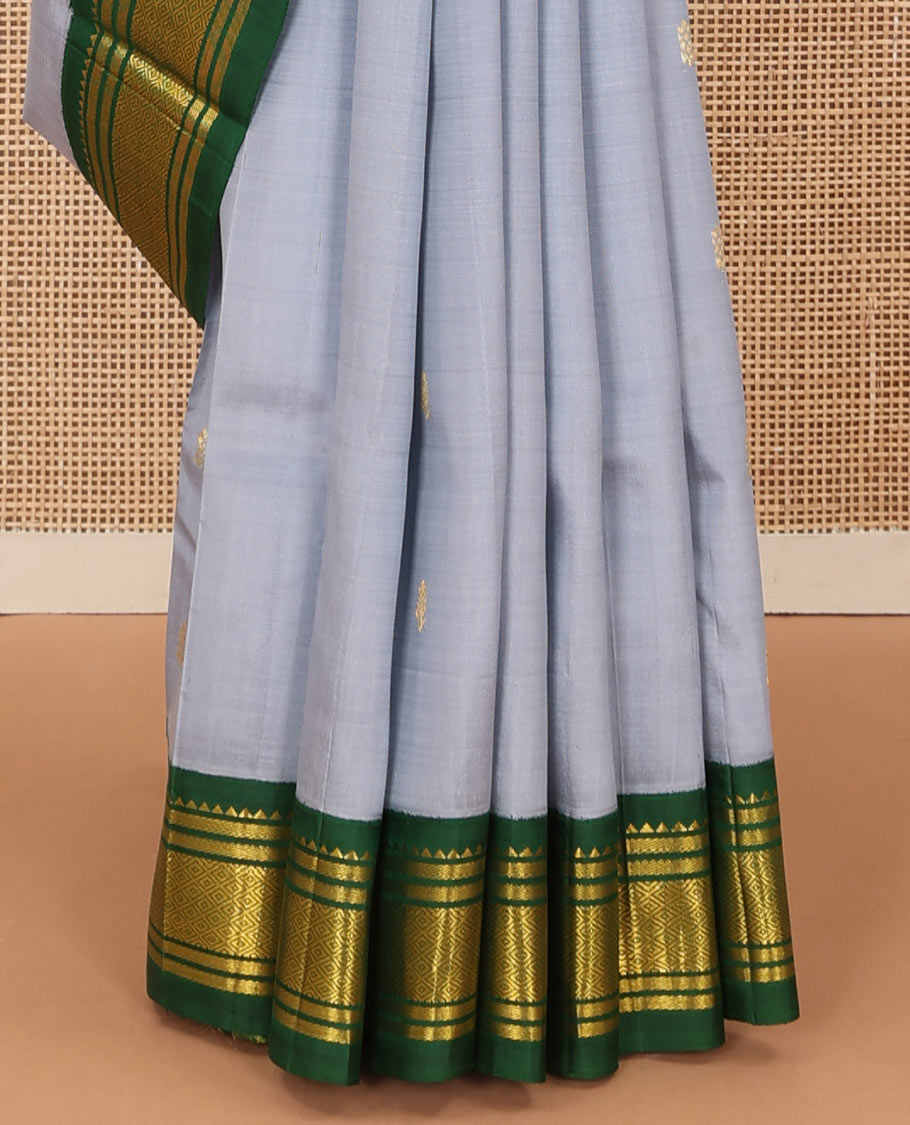 Grey zari buttas Kanchipuram silk saree, contrast one-sided border of rekku, banaras, and jaal, and zari design pallu