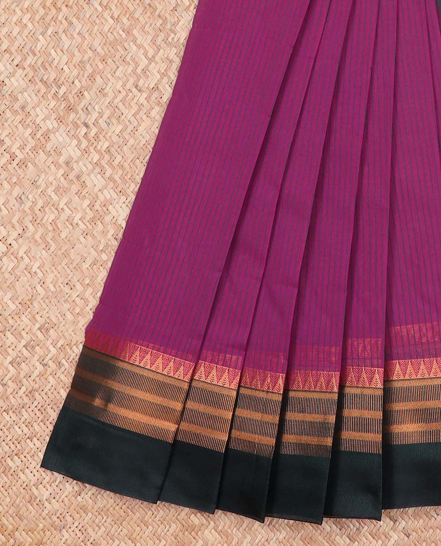 Purple striped kora cotton saree with contrast temple border & intrcate zari design pallu