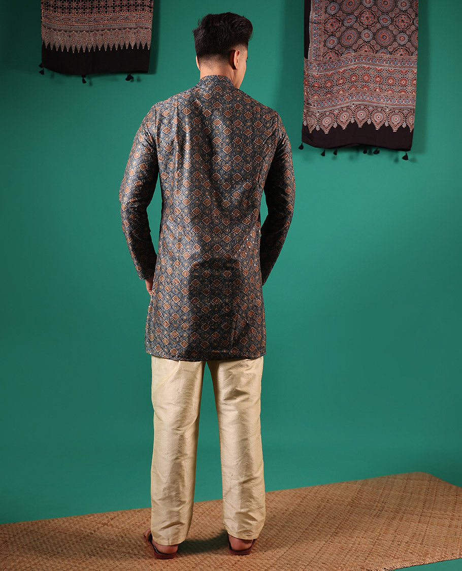 Grey jaal patterns printed with sequins embroidered full-sleeved men's kurta