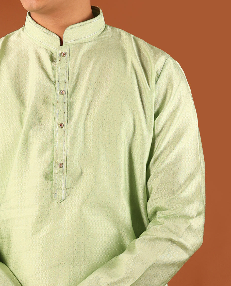 Green Sparsely Woven Embossed Full-Sleeved Men's Kurta