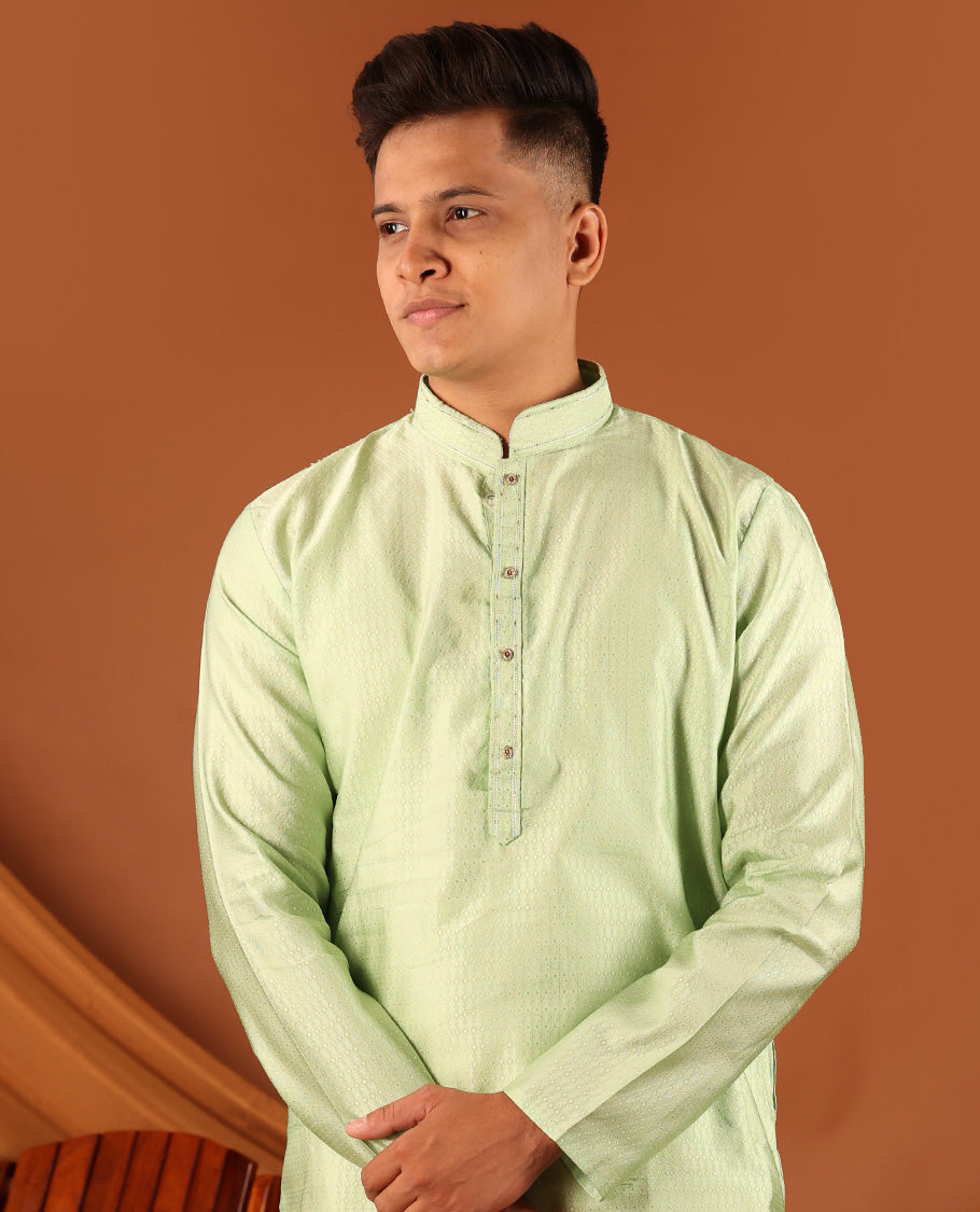 Green Sparsely Woven Embossed Full-Sleeved Men's Kurta
