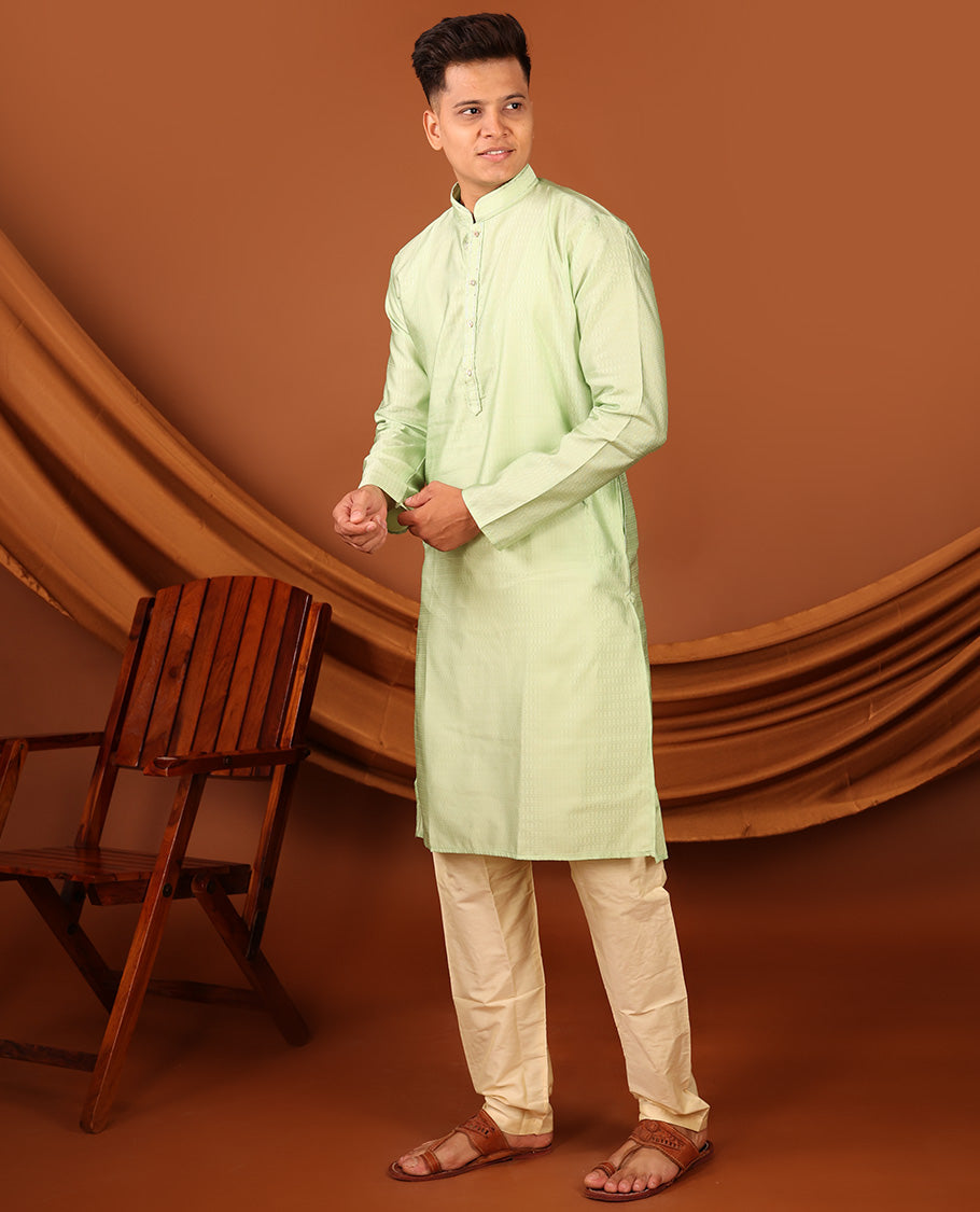 Green Sparsely Woven Embossed Full-Sleeved Men's Kurta