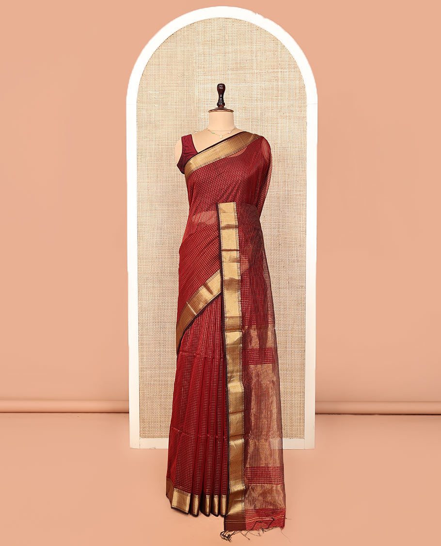 Red Maheshwari Cotton Saree, Subtly Sparkled by Zari Checks, Highlighted by a Traditional Zari Border, Gleaming Zari Decked Up Pallu, and Paired with a Matching Blouse