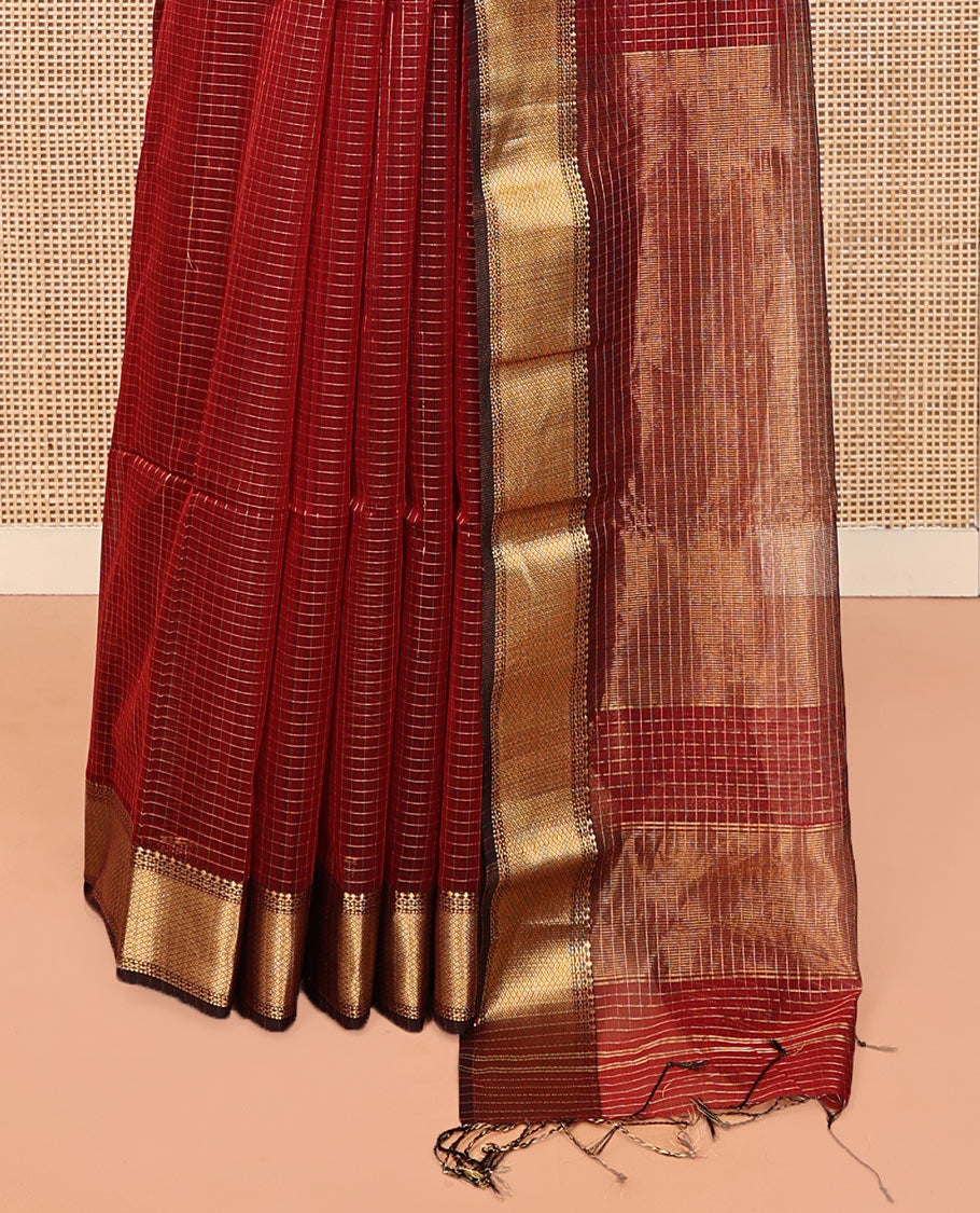 Red Maheshwari Cotton Saree, Subtly Sparkled by Zari Checks, Highlighted by a Traditional Zari Border, Gleaming Zari Decked Up Pallu, and Paired with a Matching Blouse