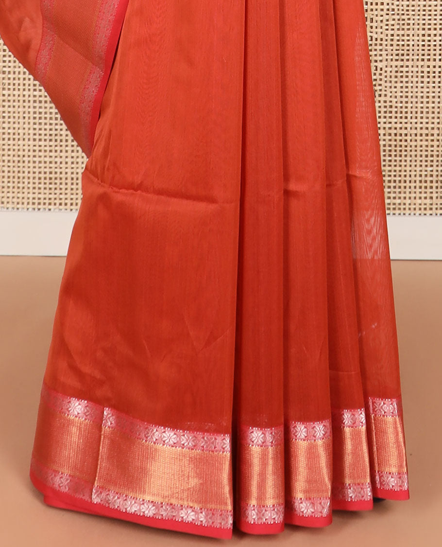 Red maheswari cotton saree with self zari design border & striped pallu