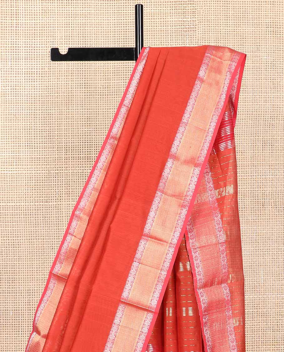 Red maheswari cotton saree with self zari design border & striped pallu