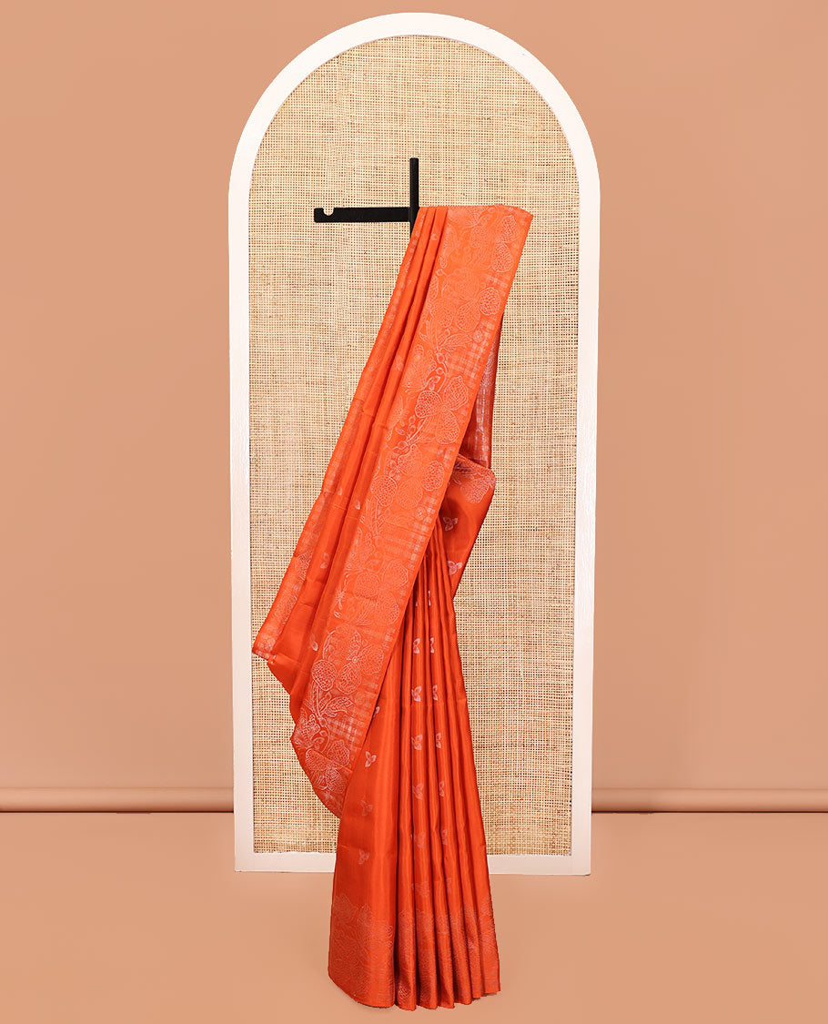 Borderless Orange Mayuri Soft Silk Saree, Sparsely Threaded with Leaf Buttas and Floral Buttas All Over Its Body, Zari Checked Pallu, and Paired with a Matching Blouse